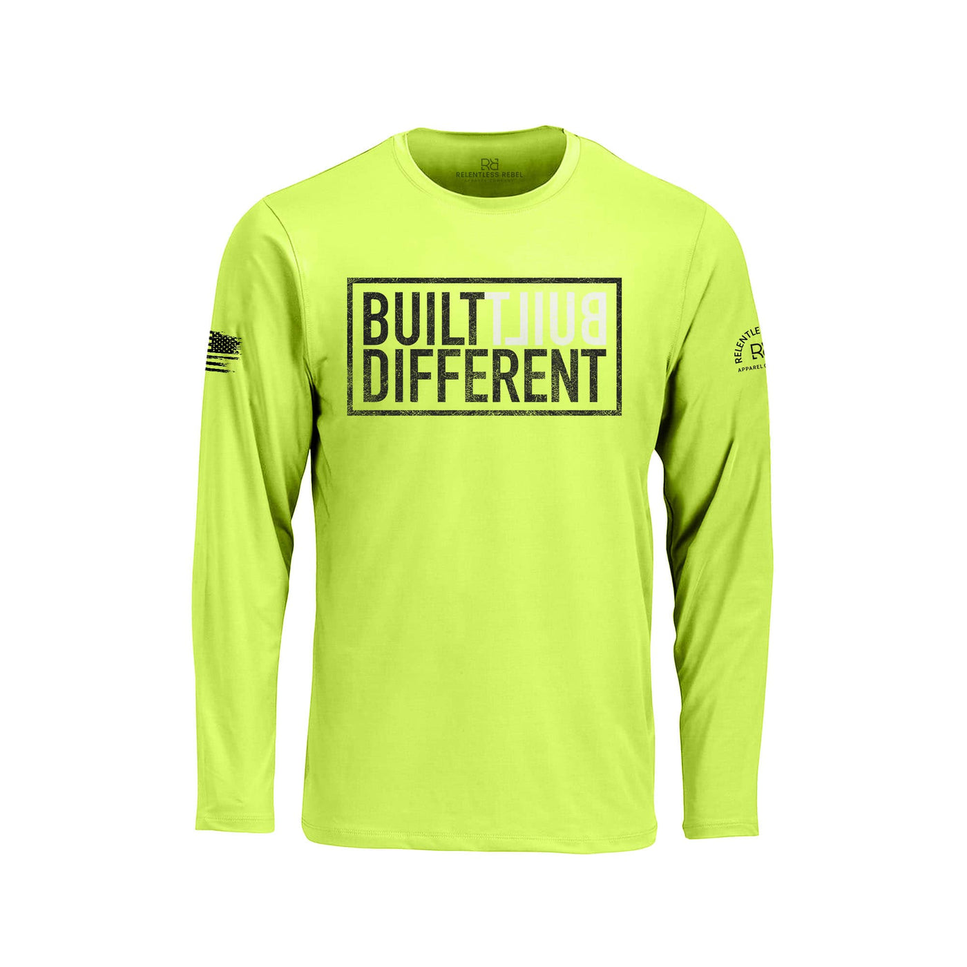 Safety Green long-sleeve shirt with 'Built Different' text on a white background