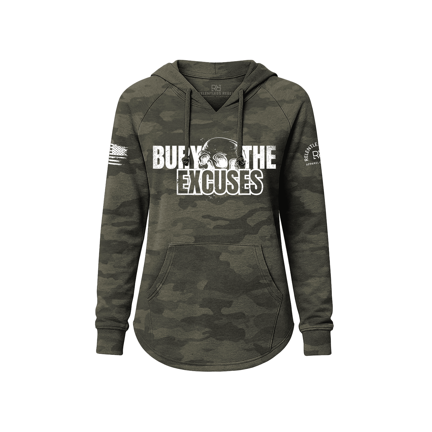 Camouflage hoodie with text 'Bury The Excuses' on a white background