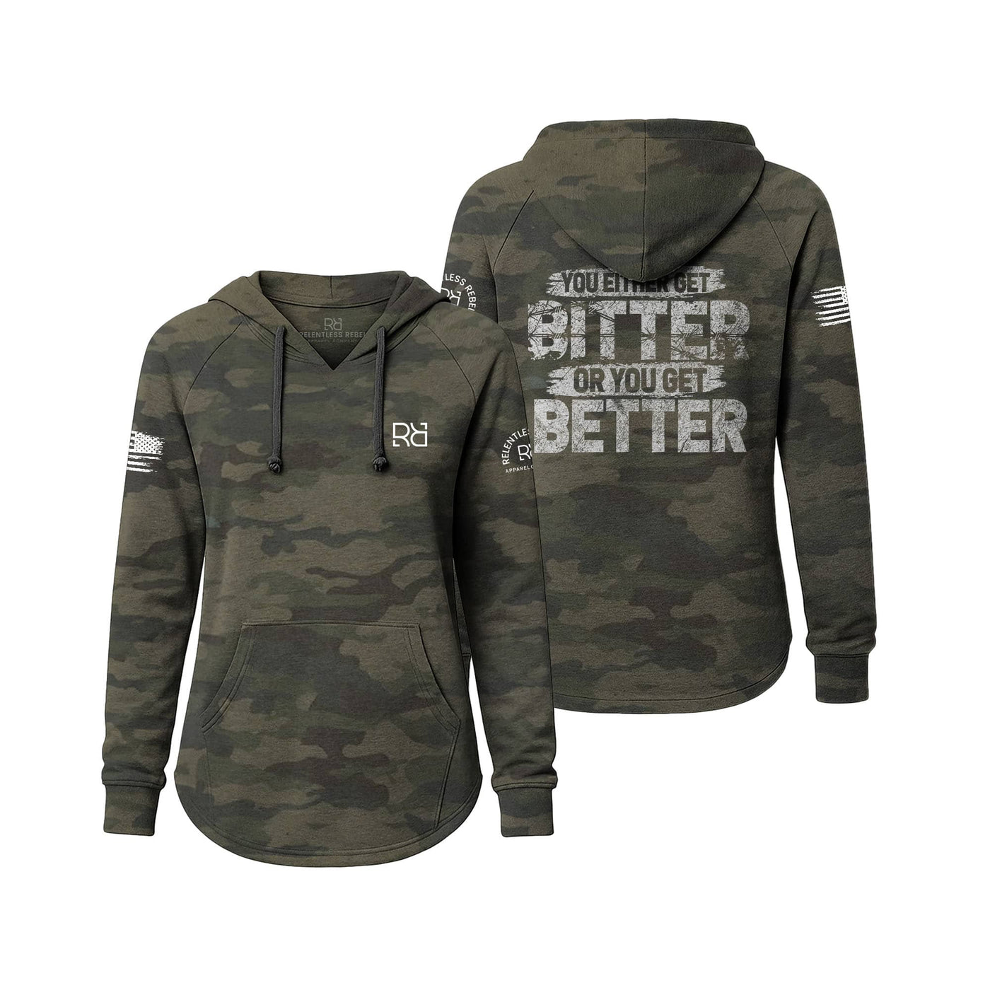 Camouflage hoodie with text on a white background