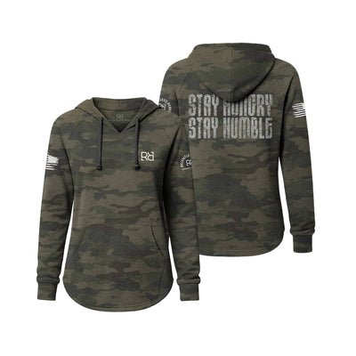 Camouflage hoodie with 'Stay Hungry Stay Humble' text on a white background