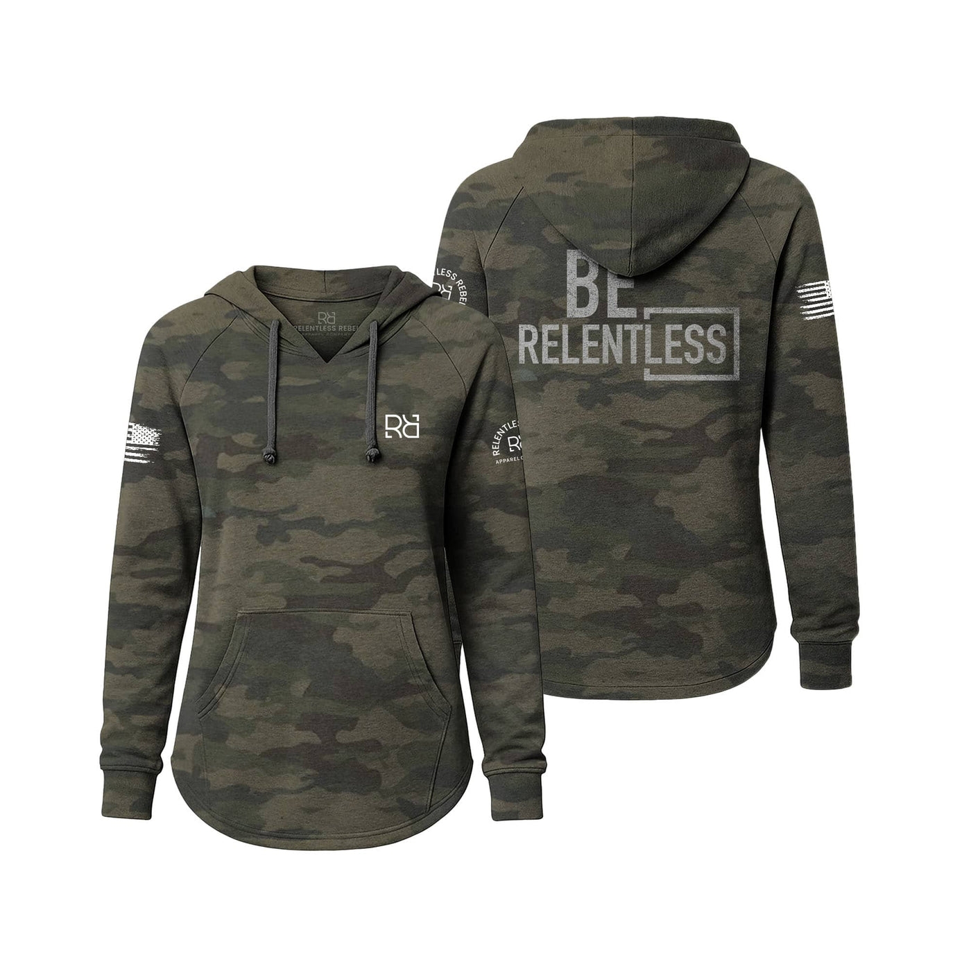 Camouflage hoodie with 'Be Relentless' text on a white background
