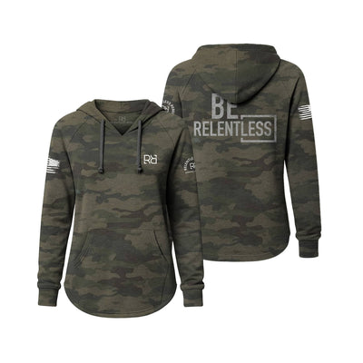 Camouflage hoodie with 'Be Relentless' text on a white background
