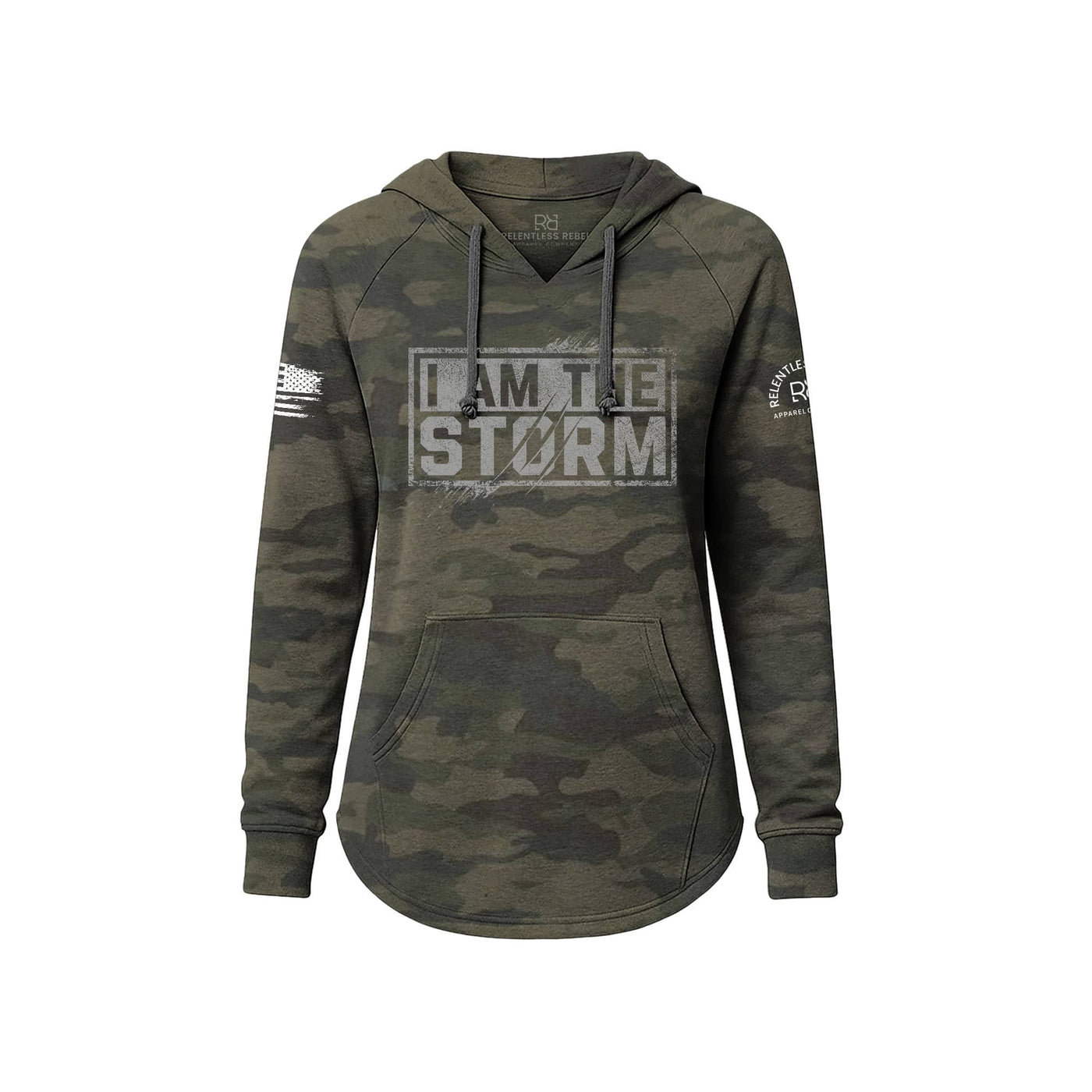 Camouflage hoodie with 'I AM THE STORM' text on a white background