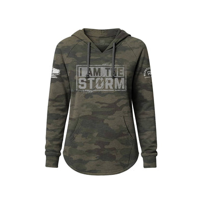 Camouflage hoodie with 'I AM THE STORM' text on a white background