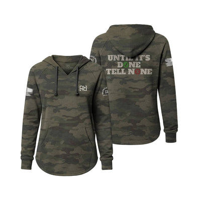 Camouflage hoodie with text and logos on a white background