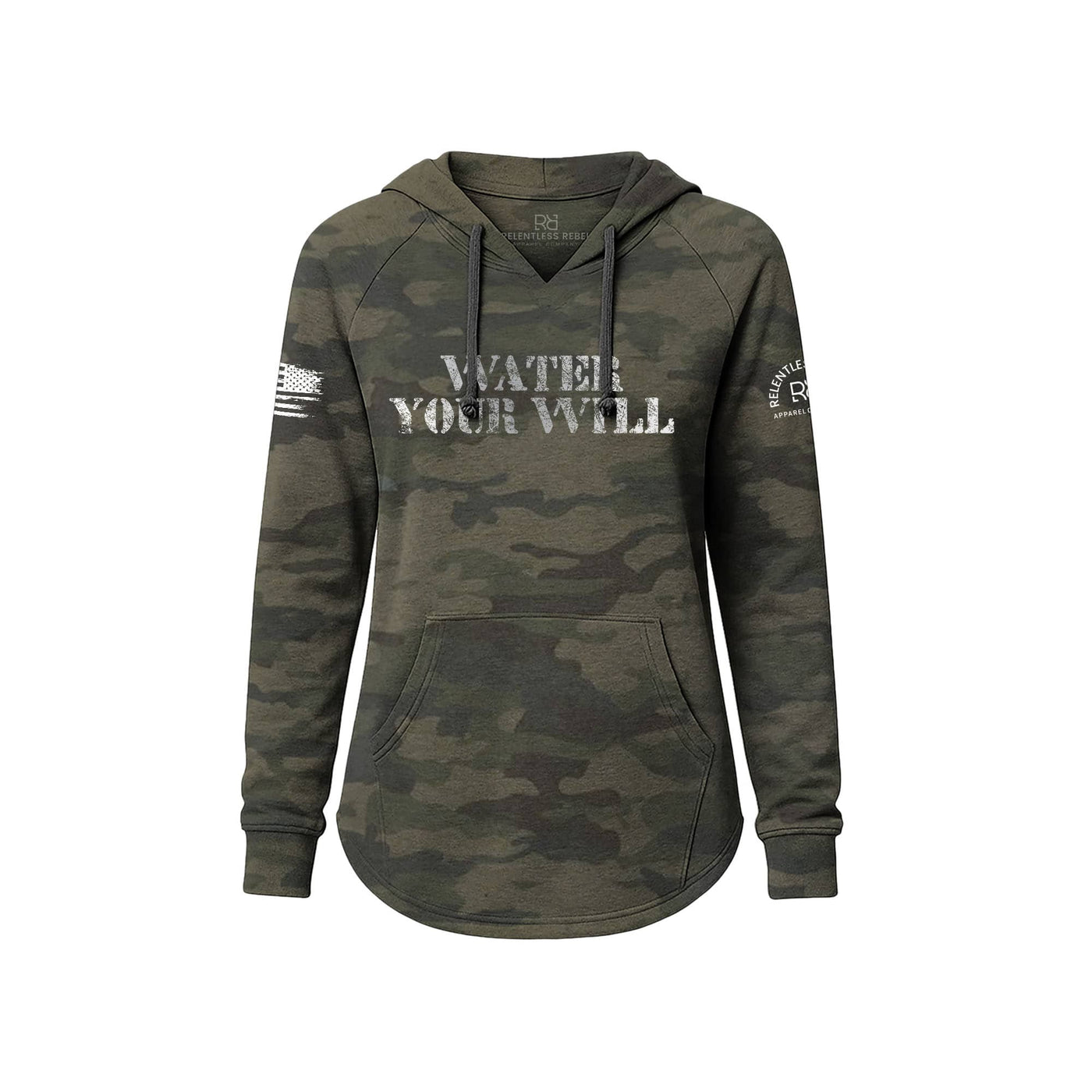 Camouflage hoodie with 'Water Your Will' text on a white background