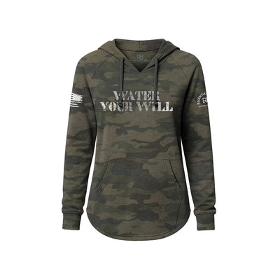 Camouflage hoodie with 'Water Your Will' text on a white background