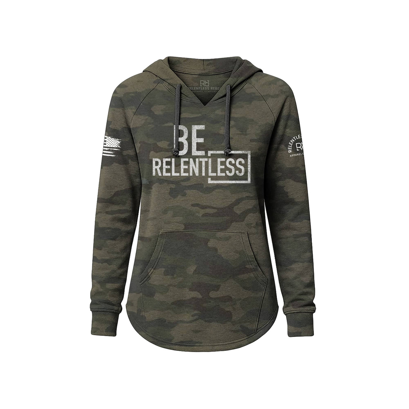 Camouflage hoodie with 'BE RELENTLESS' text on a white background