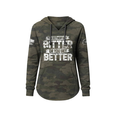 Camouflage hoodie with motivational text on a white background