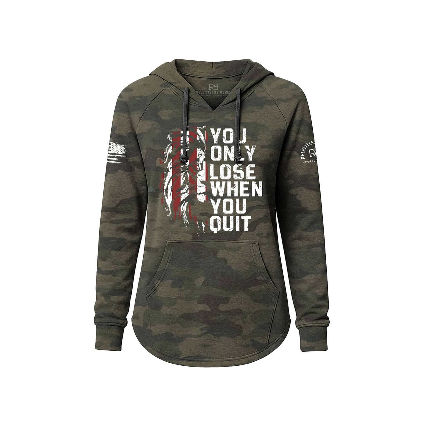 Camouflage hoodie with motivational text and flag design on a white background