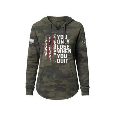 Camouflage hoodie with motivational text and flag design on a white background