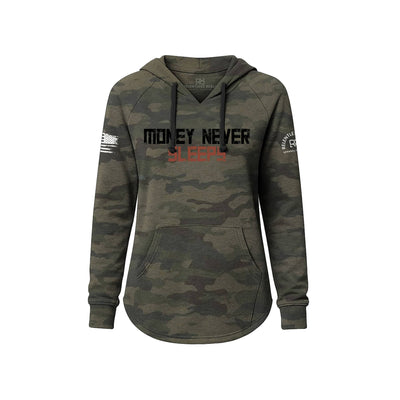 Camo Women's Wave Hoodie with Money Never Sleeps on the front