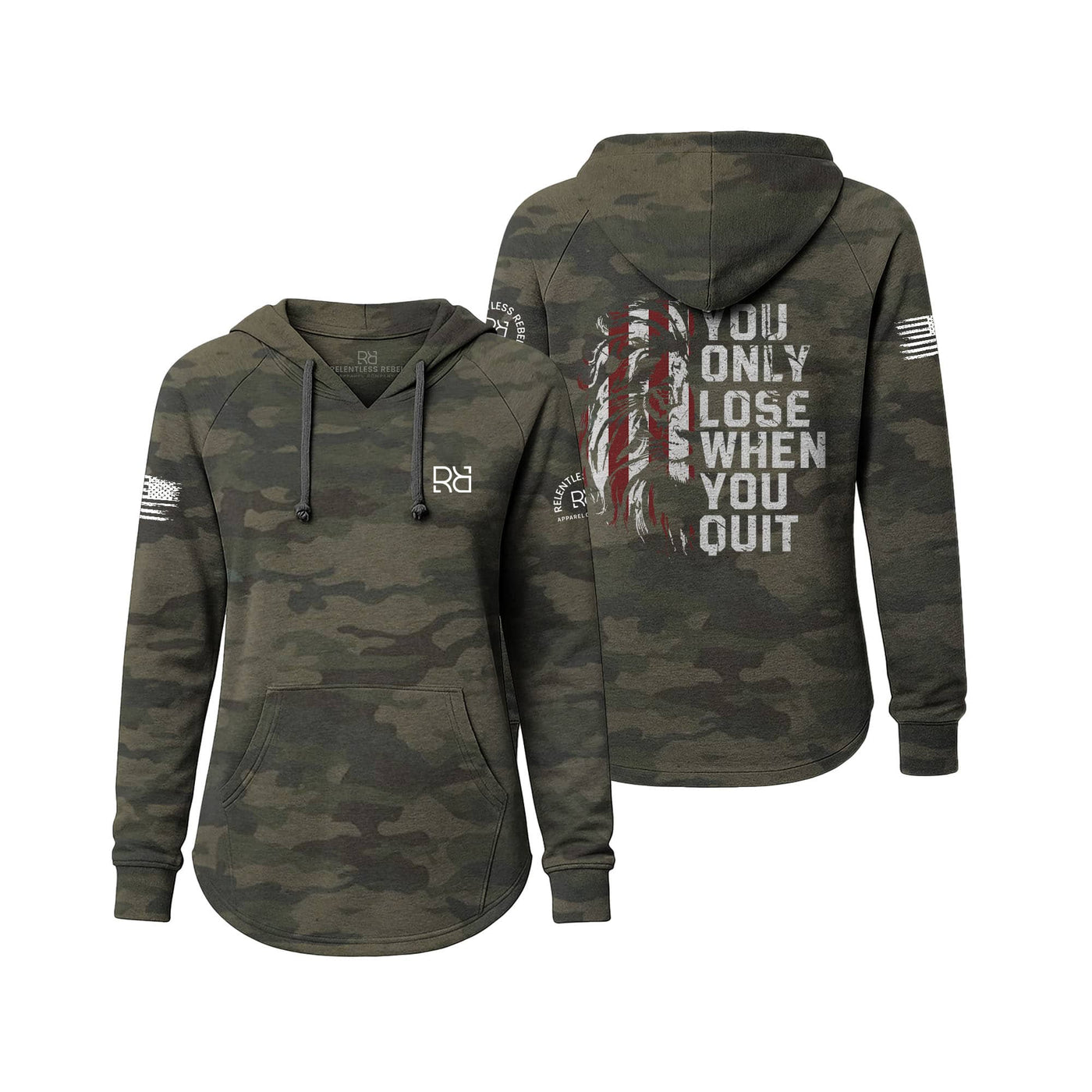 Camouflage hoodie with motivational text and branding on a white background