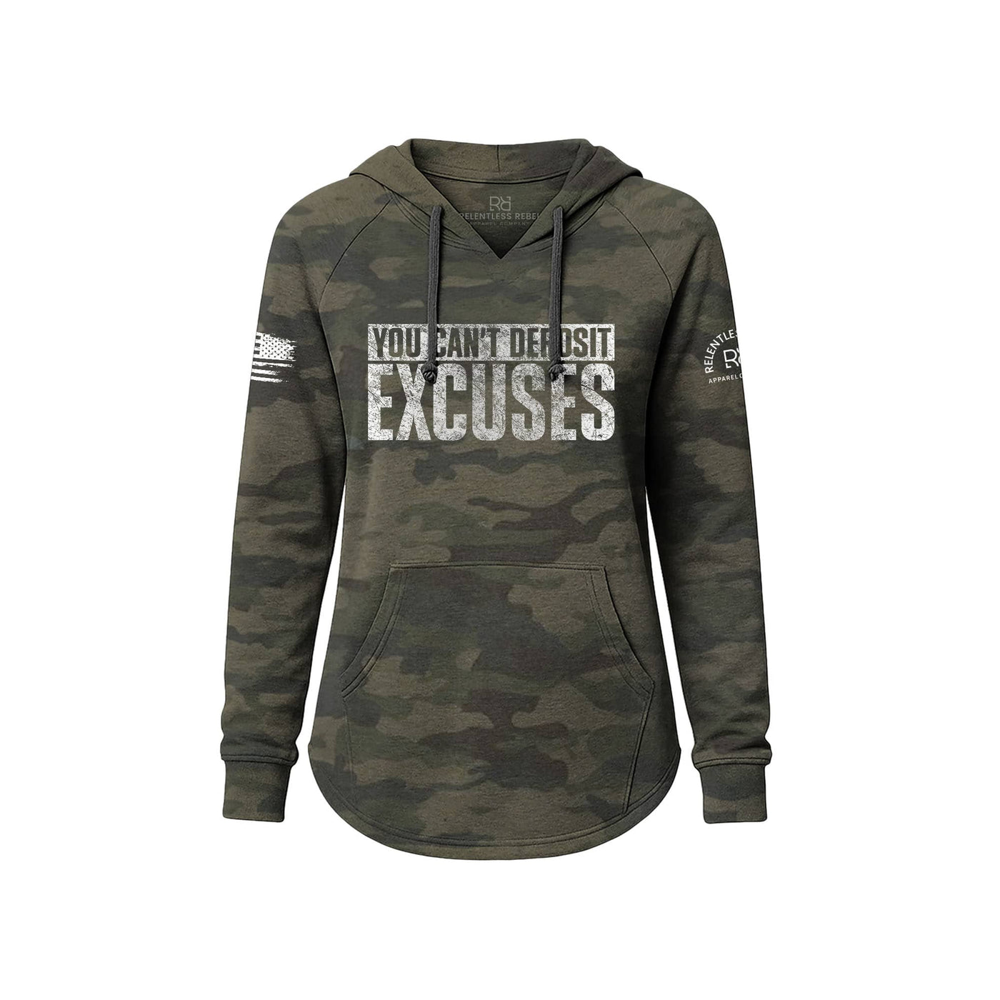 Camouflage hoodie with motivational text on a white background