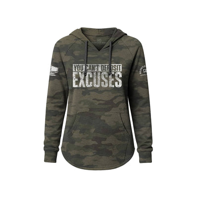 Camouflage hoodie with motivational text on a white background