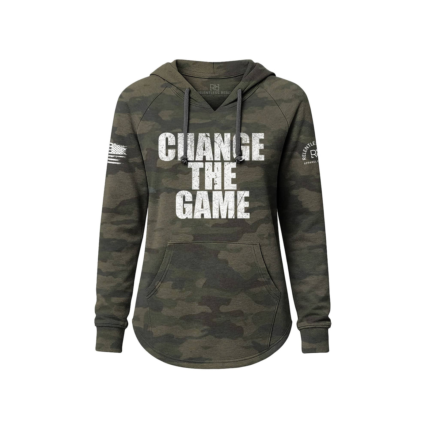 Camouflage hoodie with 'Change The Game' text on a white background
