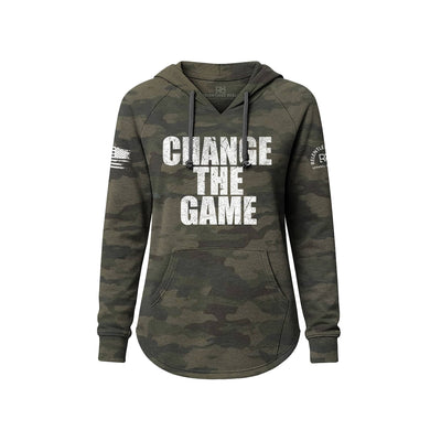 Camouflage hoodie with 'Change The Game' text on a white background