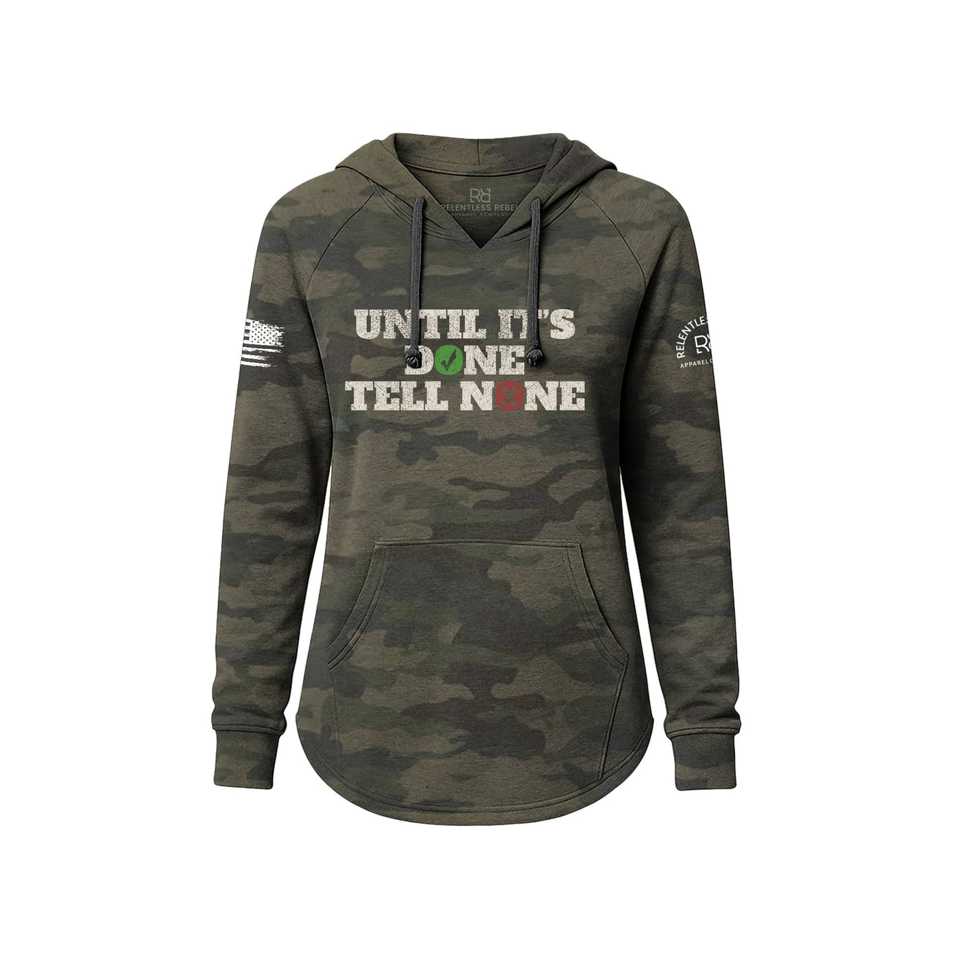 Camouflage hoodie with text on a white background