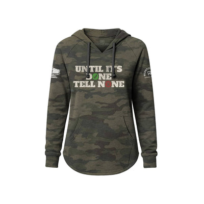 Camouflage hoodie with text on a white background