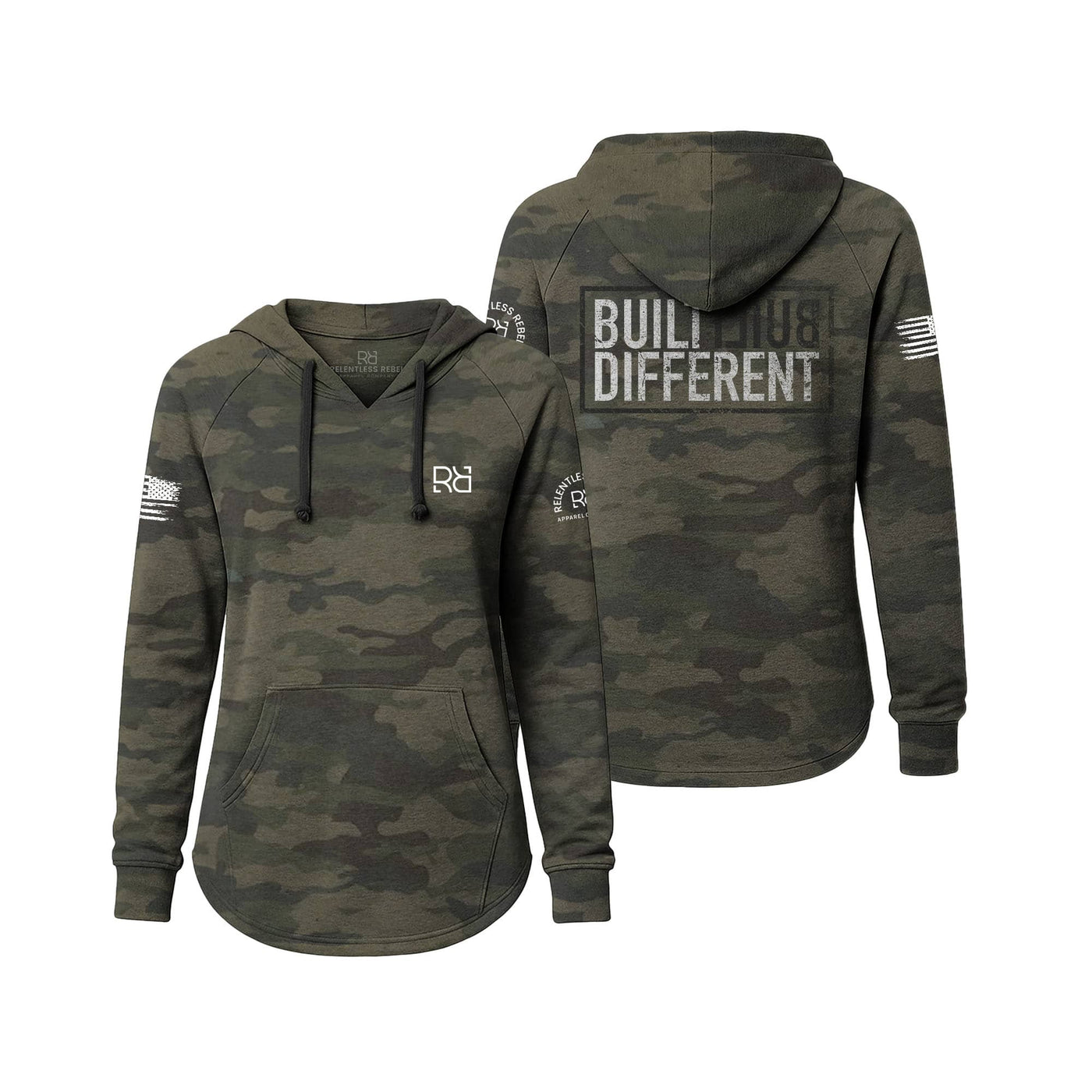 Camo Women's Wave Hoodie with Built Different on the back