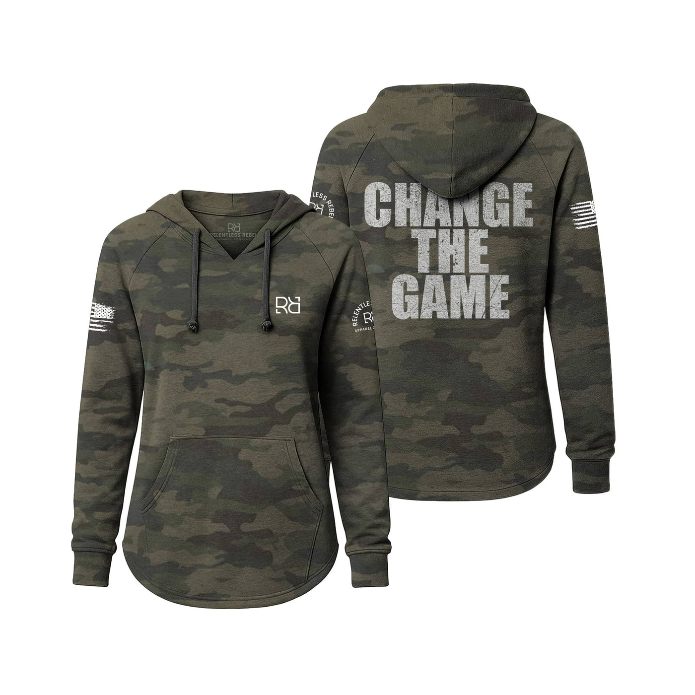 Camouflage hoodie with 'Change The Game' text on a white background