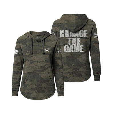 Camouflage hoodie with 'Change The Game' text on a white background