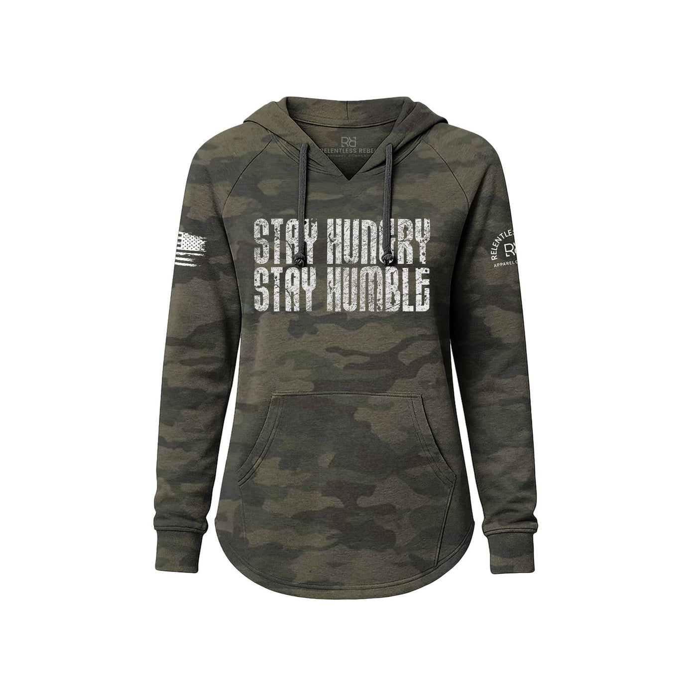 Camouflage hoodie with 'Stay Hungry Stay Humble' text on a white background