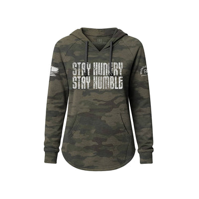 Camouflage hoodie with 'Stay Hungry Stay Humble' text on a white background