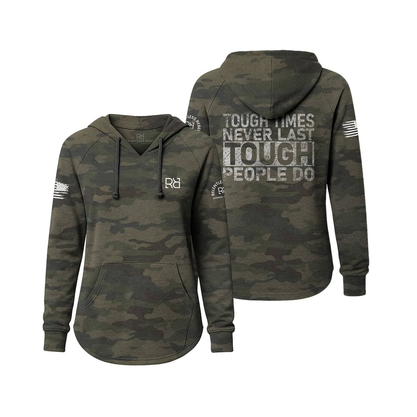 Camouflage hoodie with text on a white background