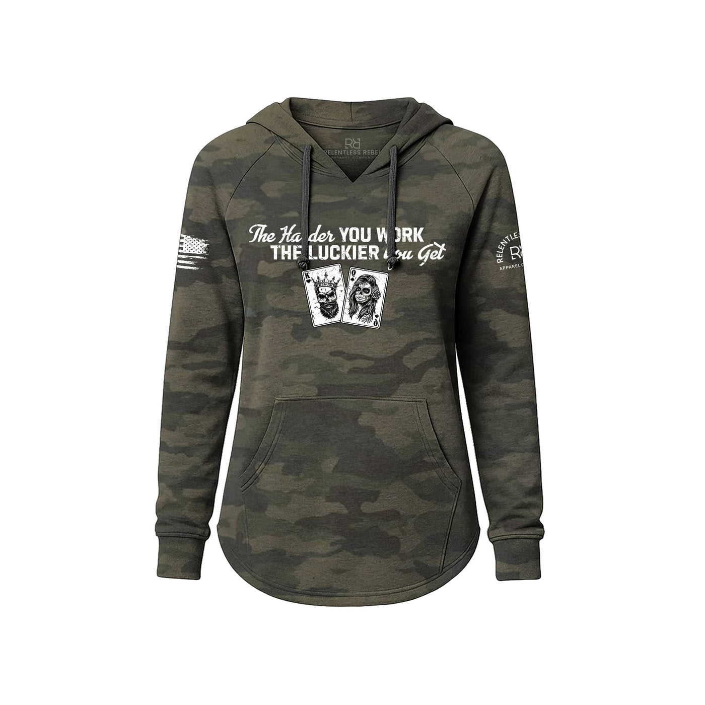 Camouflage hoodie with text and graphics on a white background