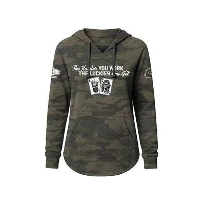 Camouflage hoodie with text and graphics on a white background