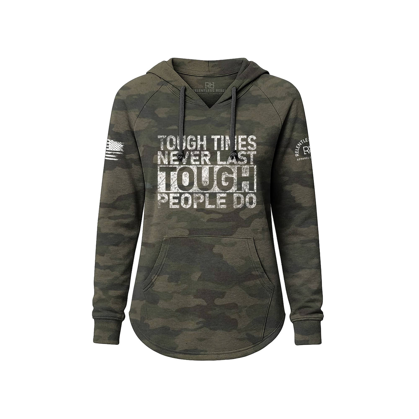Camouflage hoodie with motivational text on a white background