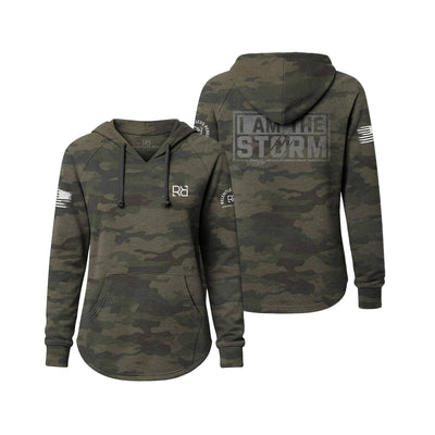 Camouflage hoodie with branding on a white background