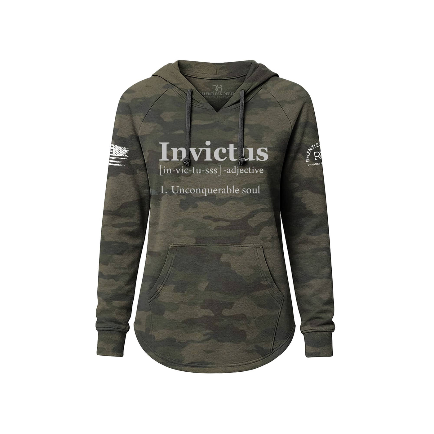 Camouflage hoodie with 'Invictus' text on a white background