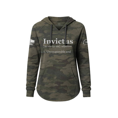 Camouflage hoodie with 'Invictus' text on a white background