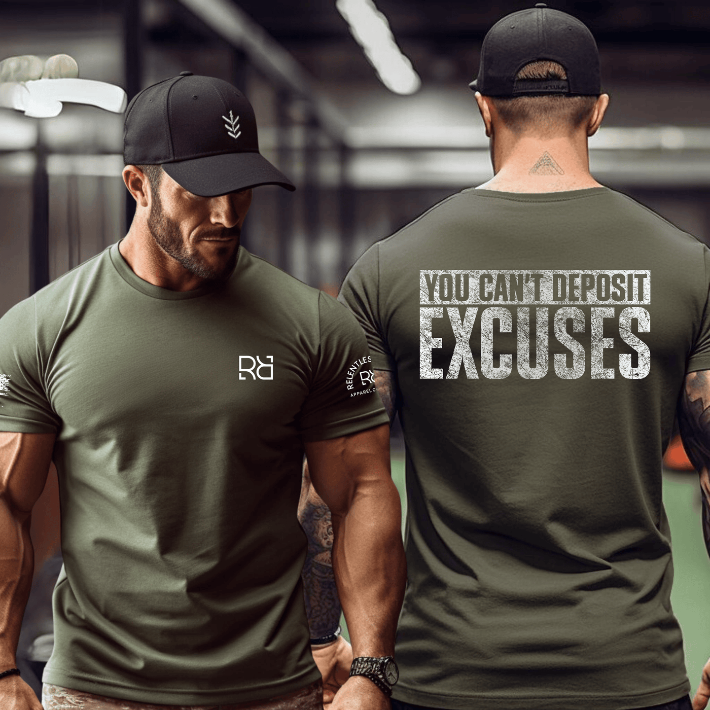 Two men wearing green t-shirts, one with a logo on the front and the other with motivational text on the back.