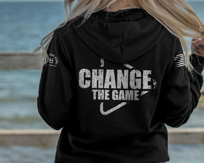 Woman wearing Solid Black Women's Change the Game Back Design Hoodie