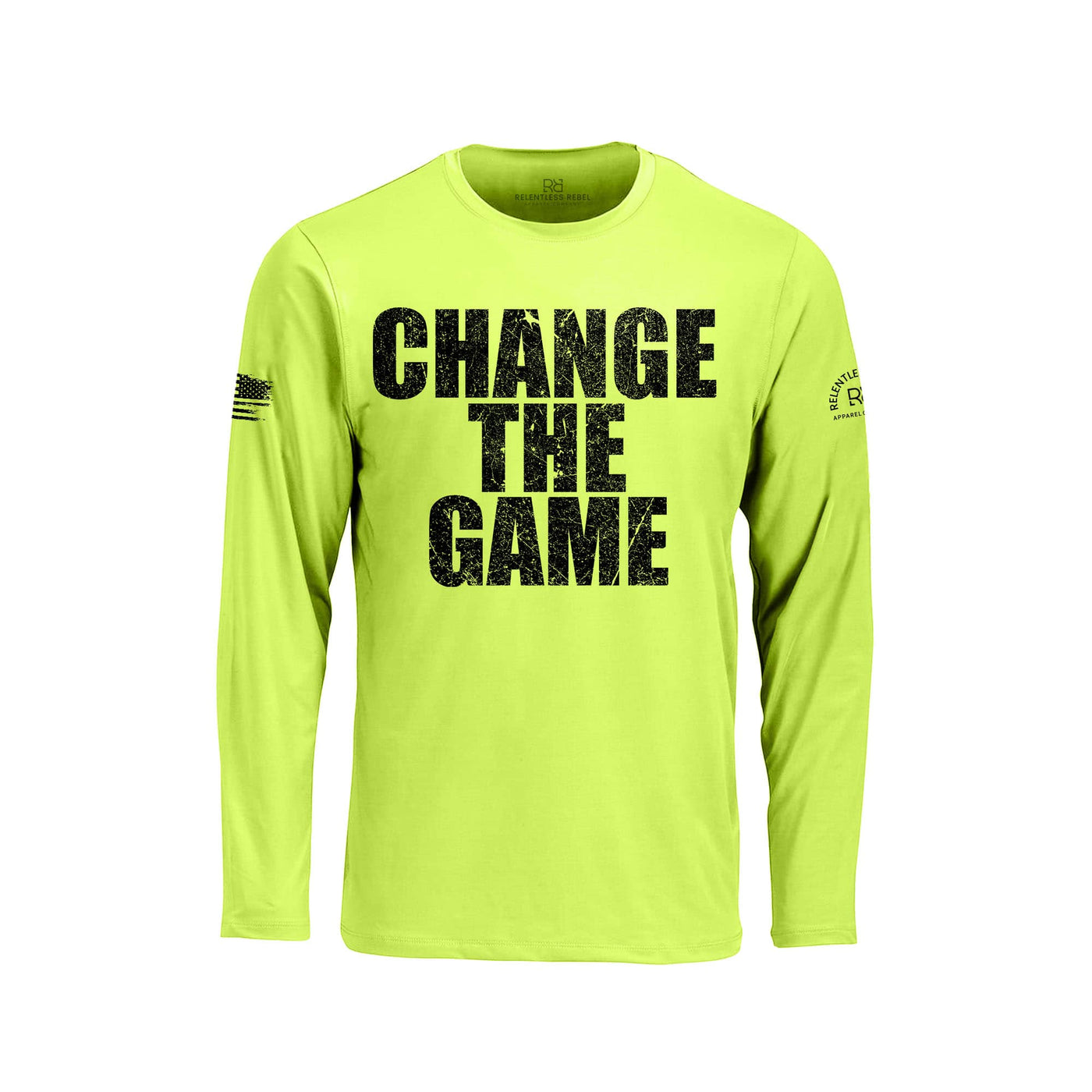 Safety Green long-sleeve shirt with 'CHANGE THE GAME' text on a white background