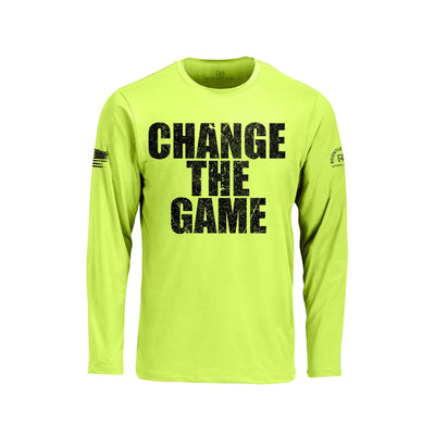 Safety Green long-sleeve shirt with 'CHANGE THE GAME' text on a white background