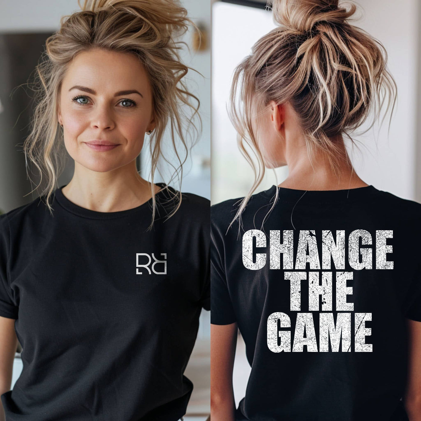 Person wearing a black t-shirt with a logo on the front and 'CHANGE THE GAME' text on the back.