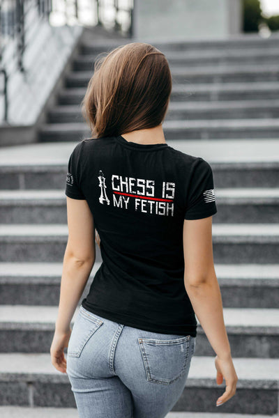 Woman wearing Solid Black Women's Chess is My Fetish Back Design Tee