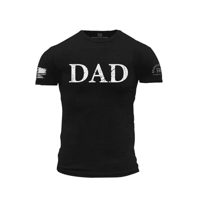 Black t-shirt with 'DAD' text on a white background