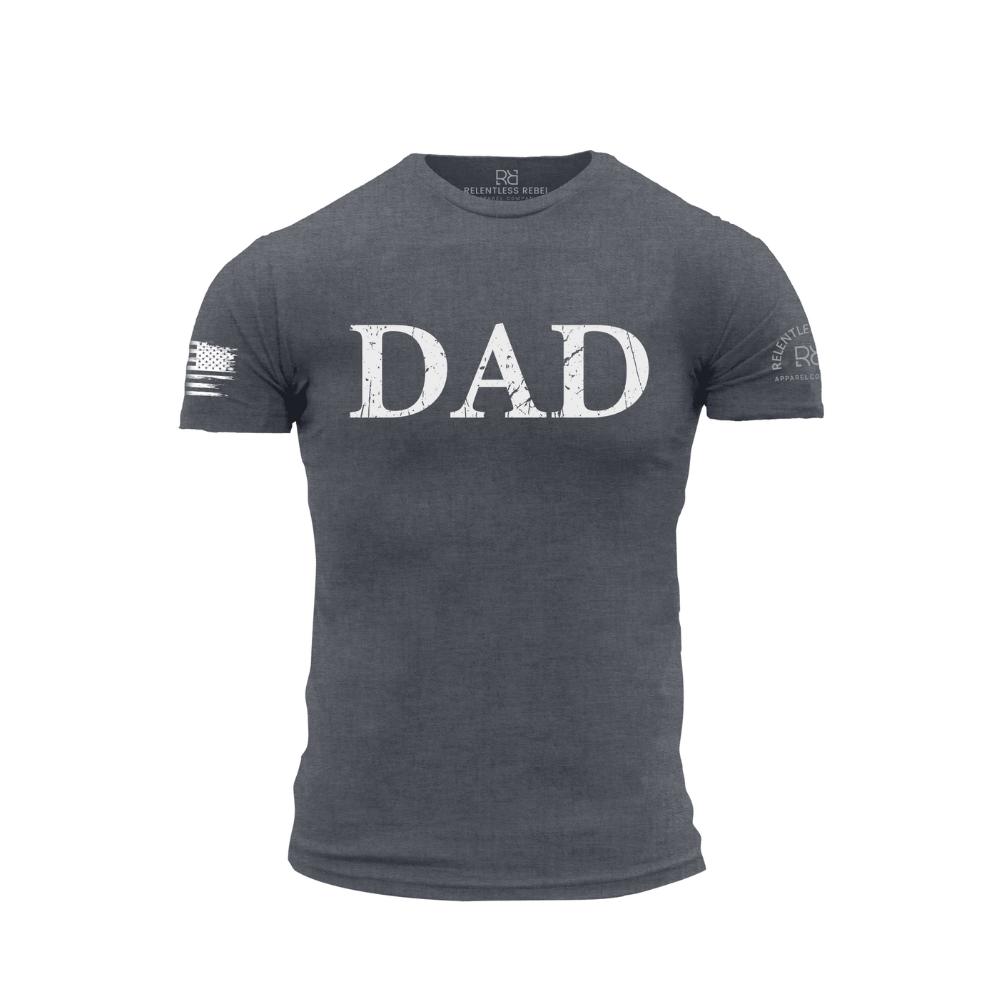 Gray t-shirt with 'DAD' text on a white background
