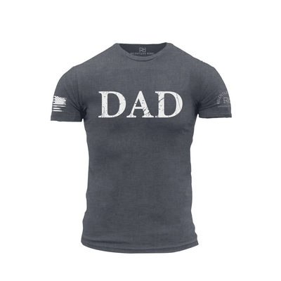 Gray t-shirt with 'DAD' text on a white background