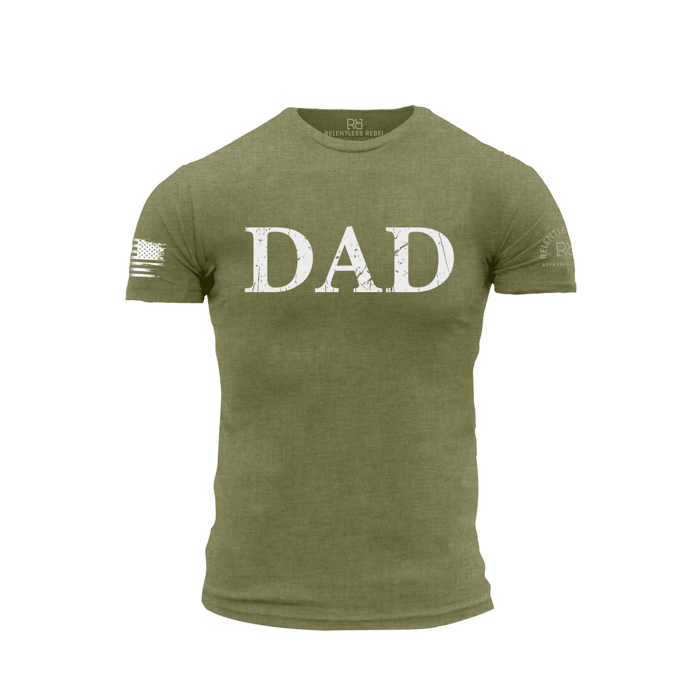 Green t-shirt with 'DAD' text on a white background