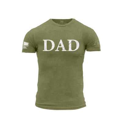 Green t-shirt with 'DAD' text on a white background