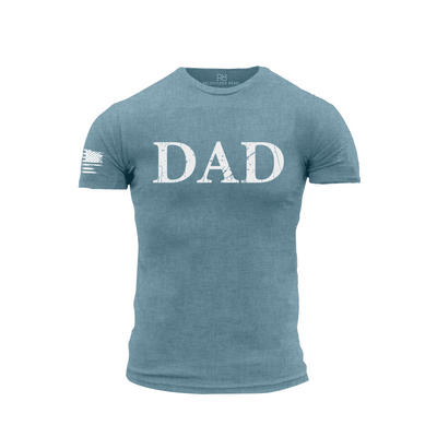 Blue t-shirt with 'DAD' text on a white background