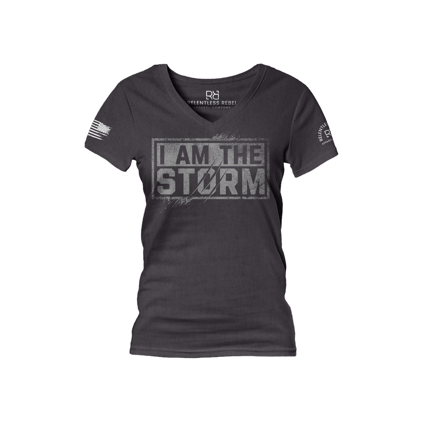 Dark Heather Grey Women's I Am The Storm Front Design V-Neck Tee