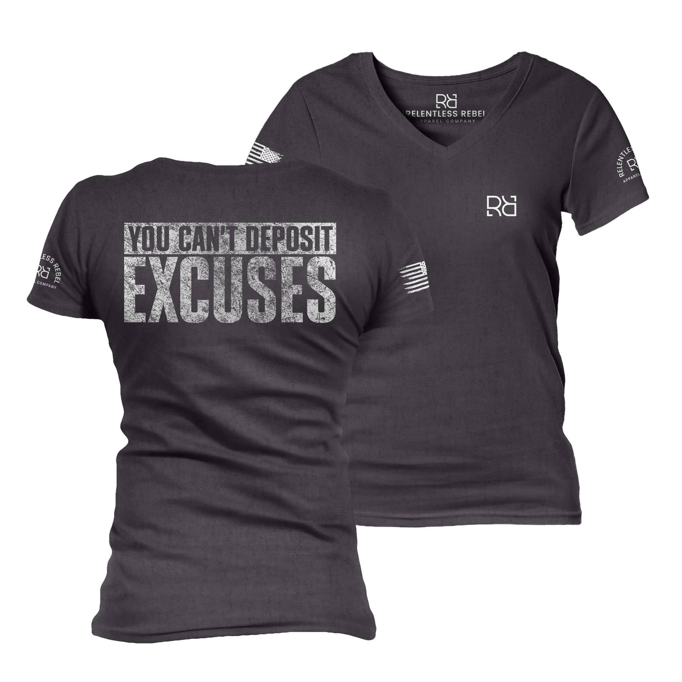 Dark Grey Heather You Can't Deposit Excuses Women's V-Neck Tee