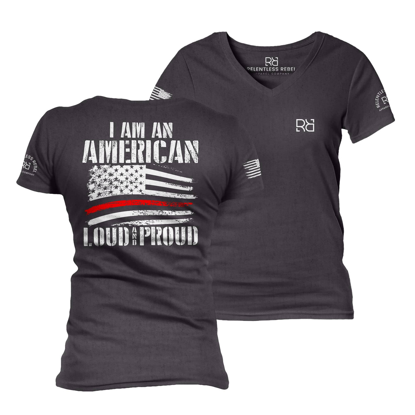 Dark Grey Heather I Am An American Loud and Proud Women's V-Neck Tee